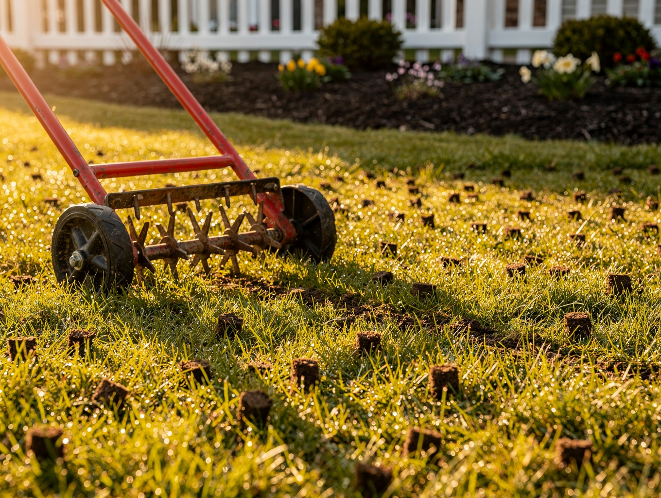 Lawn core aeration process with visible soil plugs