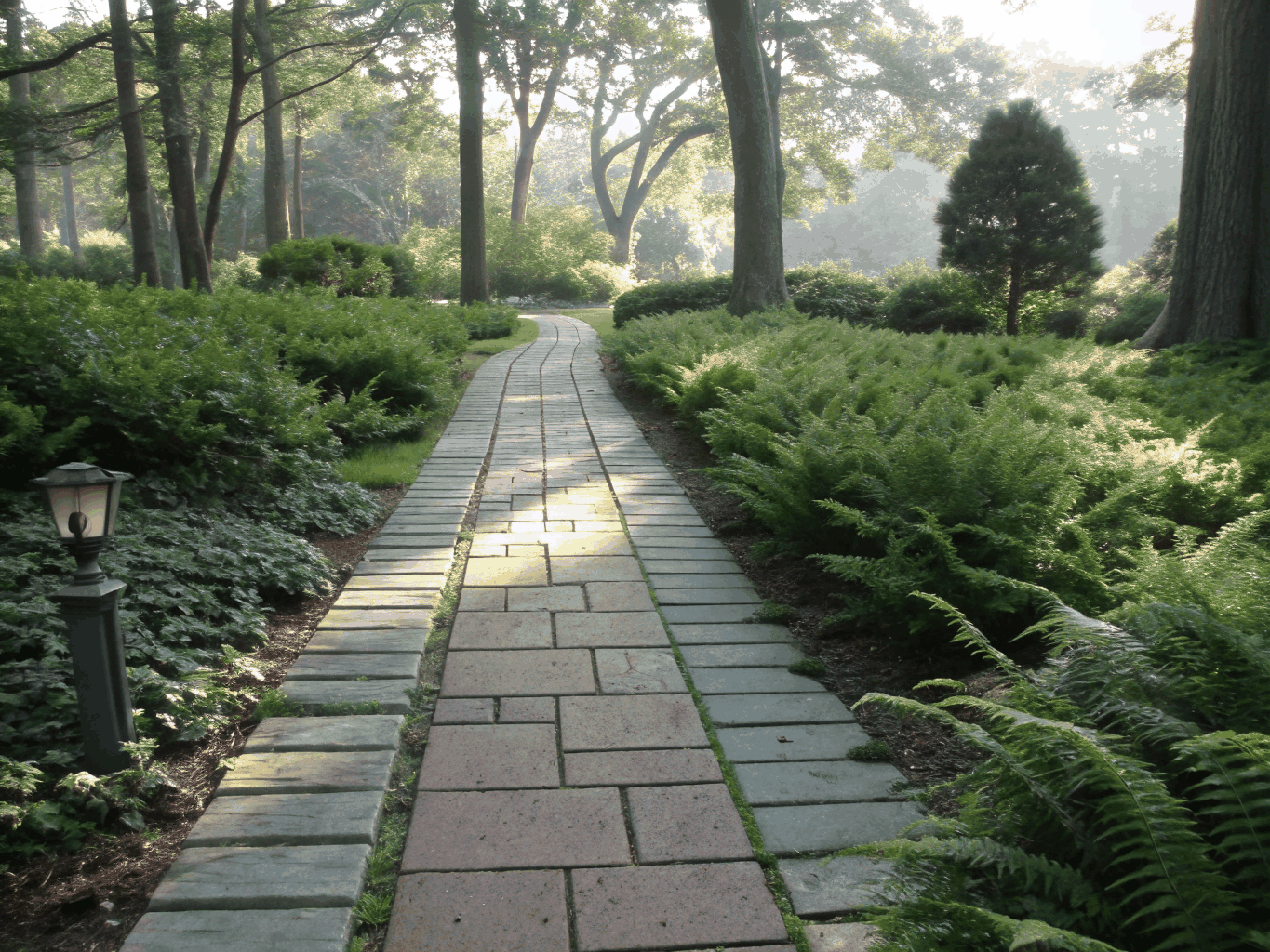 Elegantly paved stone walkway leading through garden