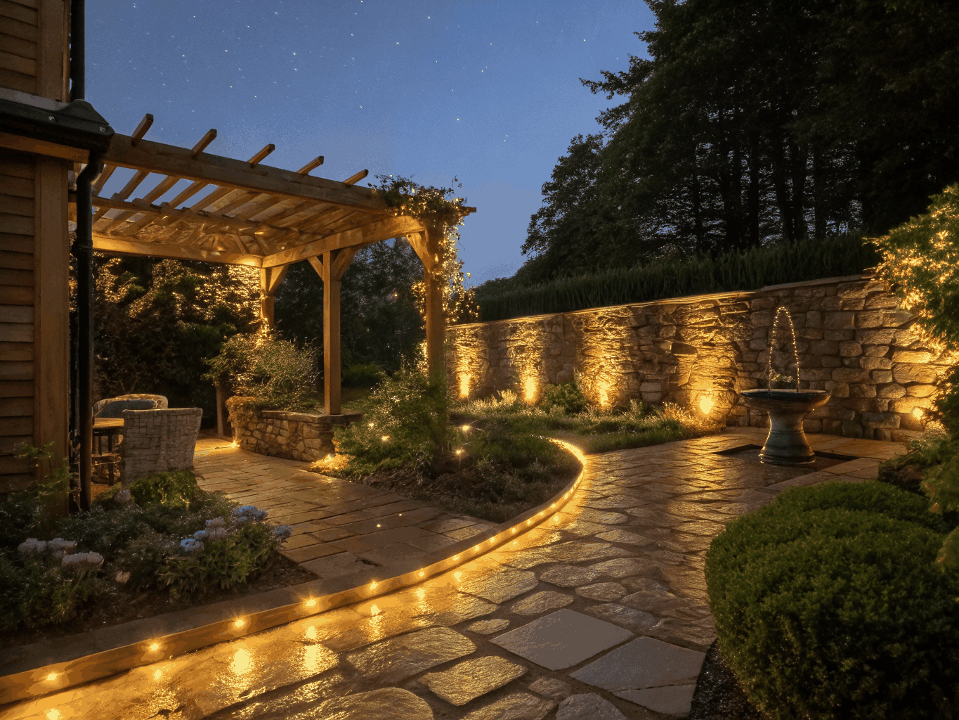 Low-voltage warm LED landscape lighting illuminating front stone facade