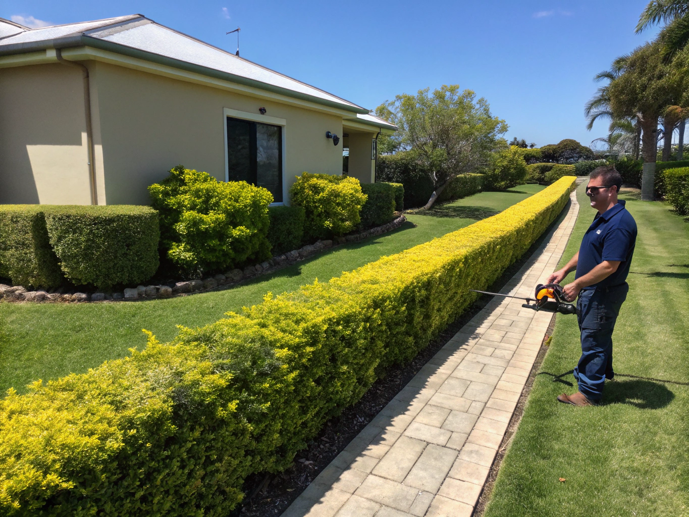 Neatly pruned evergreen shrubs and hedges in residential garden